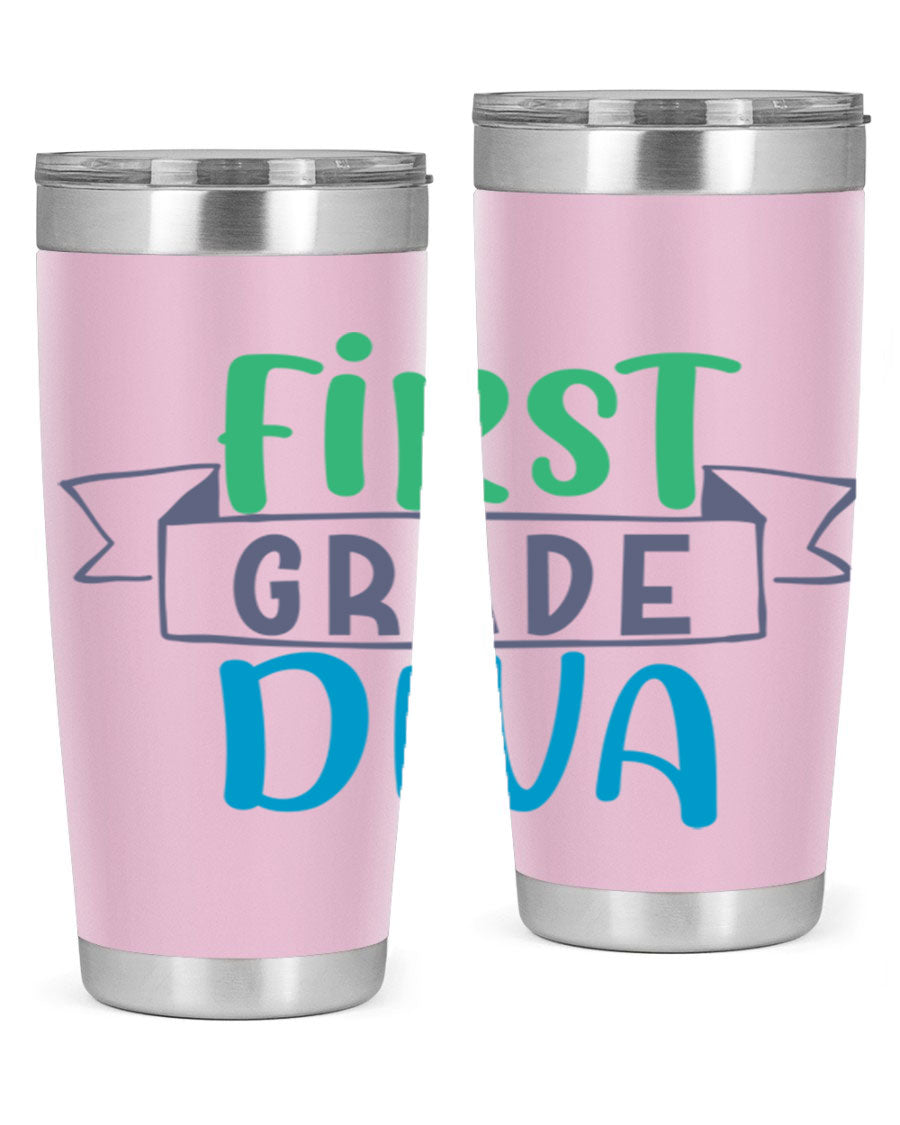 First Grade Divaa 20oz Tumbler in stainless steel with a sleek design, showcasing its double wall vacuum insulation and drink-thru lid.