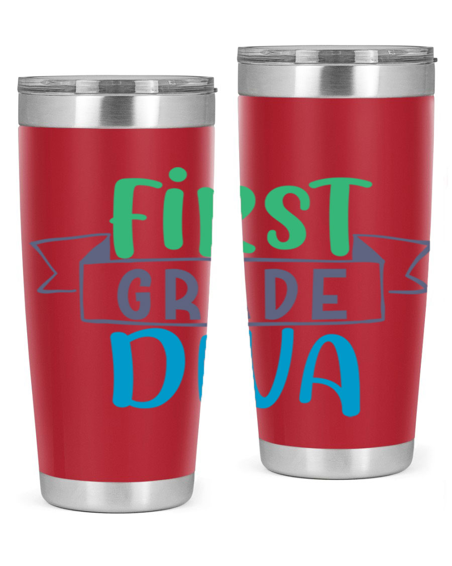 First Grade Divaa 20oz Tumbler in stainless steel with a sleek design, showcasing its double wall vacuum insulation and drink-thru lid.