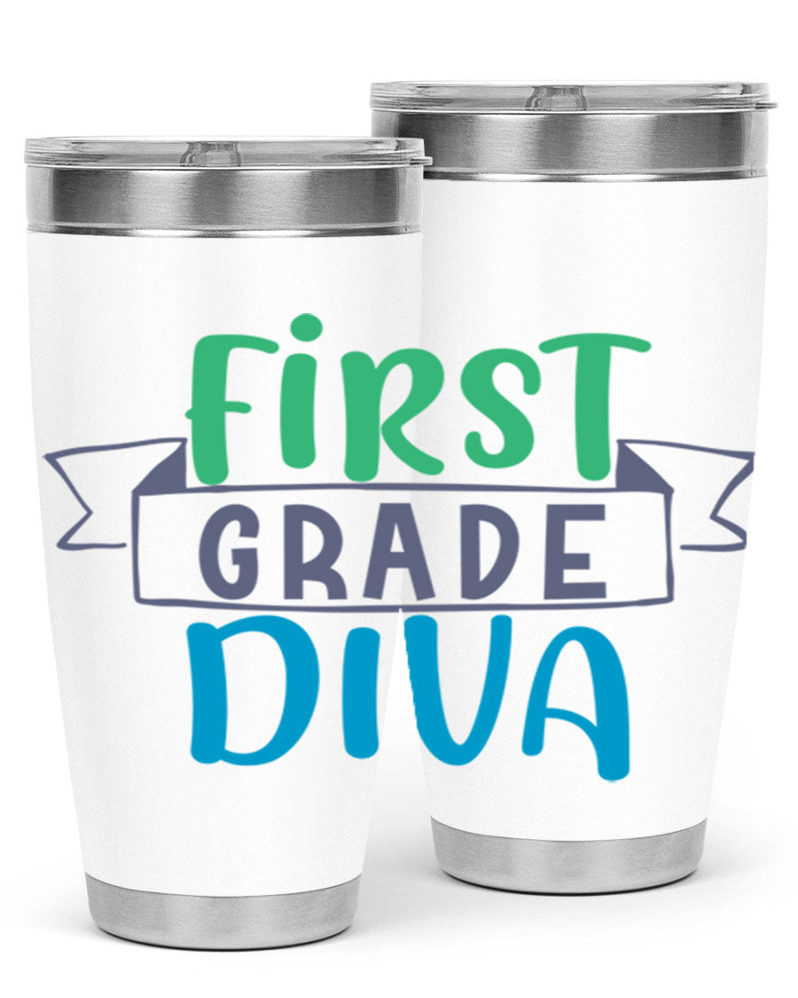 First Grade Divaa 20oz Tumbler in stainless steel with a sleek design, showcasing its double wall vacuum insulation and drink-thru lid.