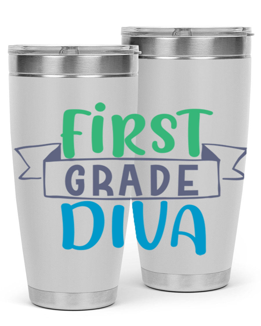 First Grade Divaa 20oz Tumbler in stainless steel with a sleek design, showcasing its double wall vacuum insulation and drink-thru lid.