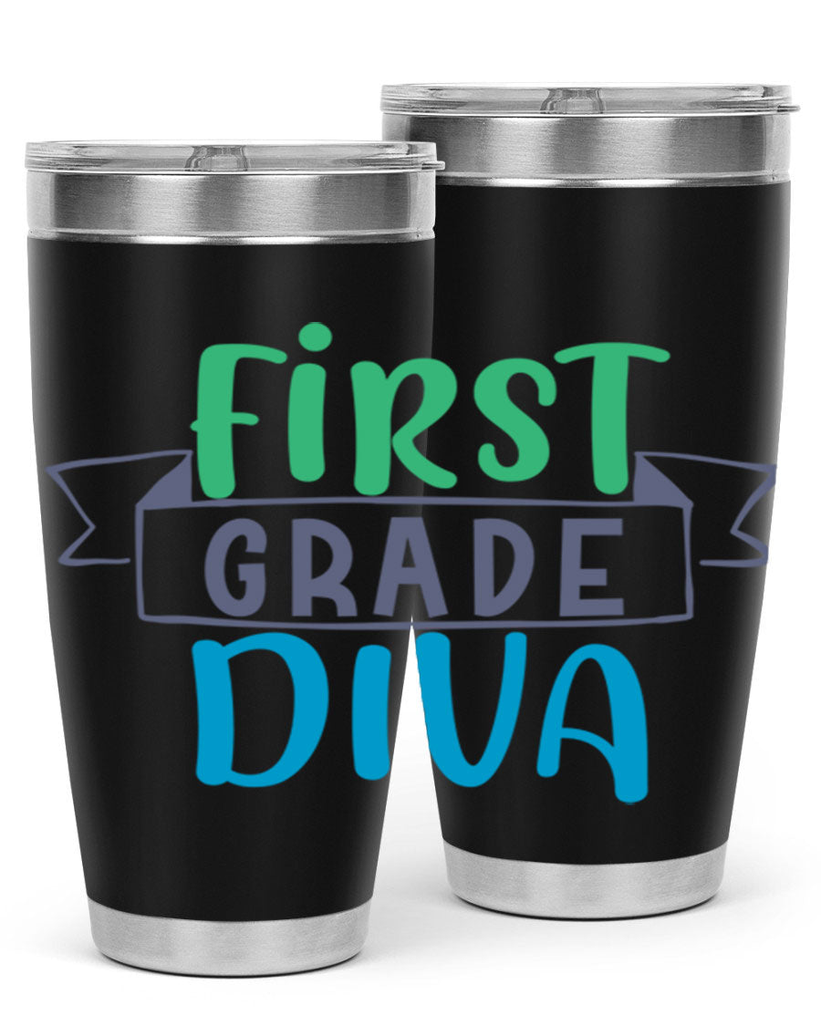 First Grade Divaa 20oz Tumbler in stainless steel with a sleek design, showcasing its double wall vacuum insulation and drink-thru lid.