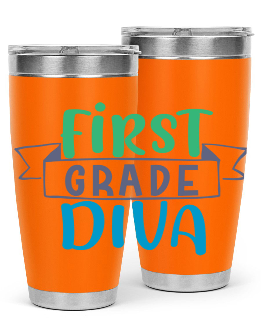 First Grade Divaa 20oz Tumbler in stainless steel with a sleek design, showcasing its double wall vacuum insulation and drink-thru lid.