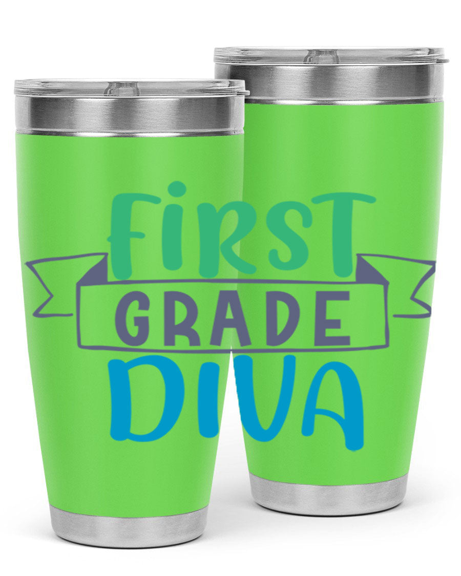 First Grade Divaa 20oz Tumbler in stainless steel with a sleek design, showcasing its double wall vacuum insulation and drink-thru lid.