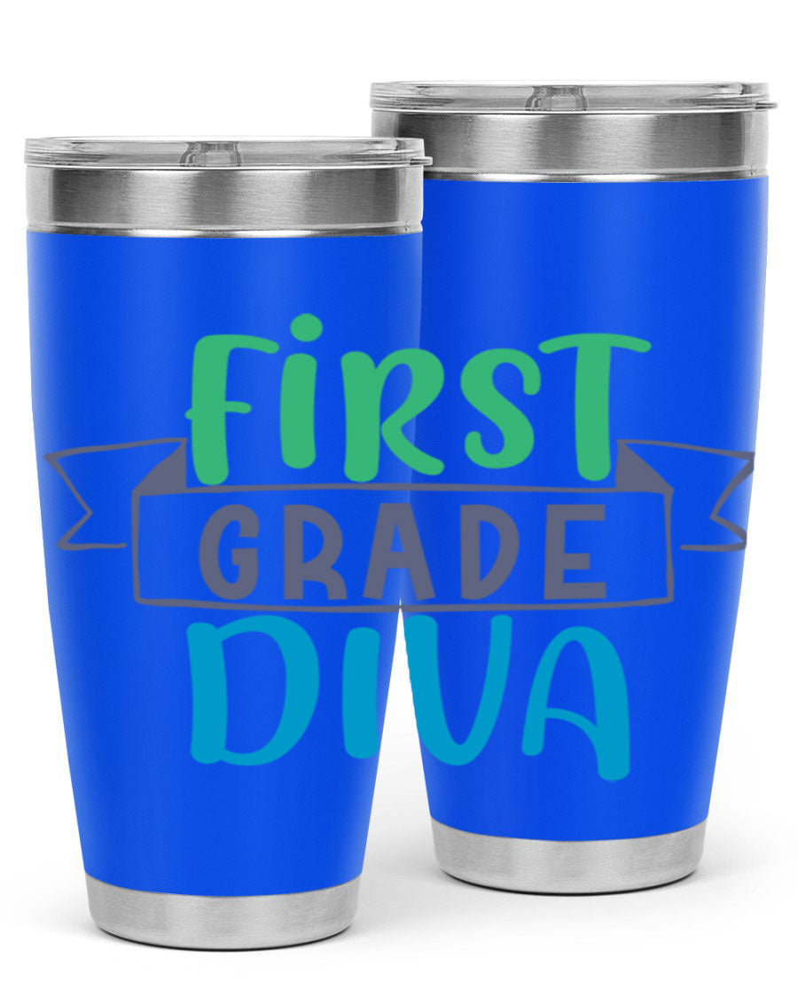 First Grade Divaa 20oz Tumbler in stainless steel with a sleek design, showcasing its double wall vacuum insulation and drink-thru lid.
