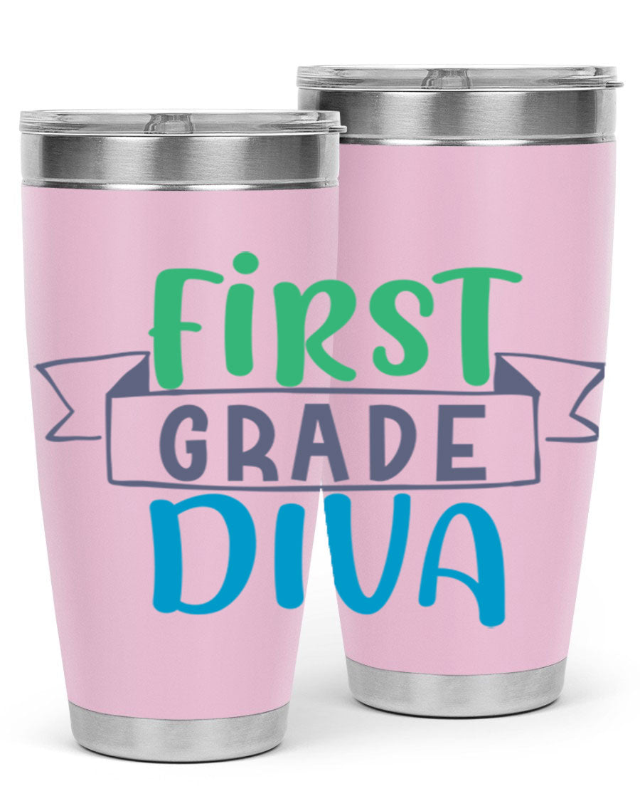 First Grade Divaa 20oz Tumbler in stainless steel with a sleek design, showcasing its double wall vacuum insulation and drink-thru lid.