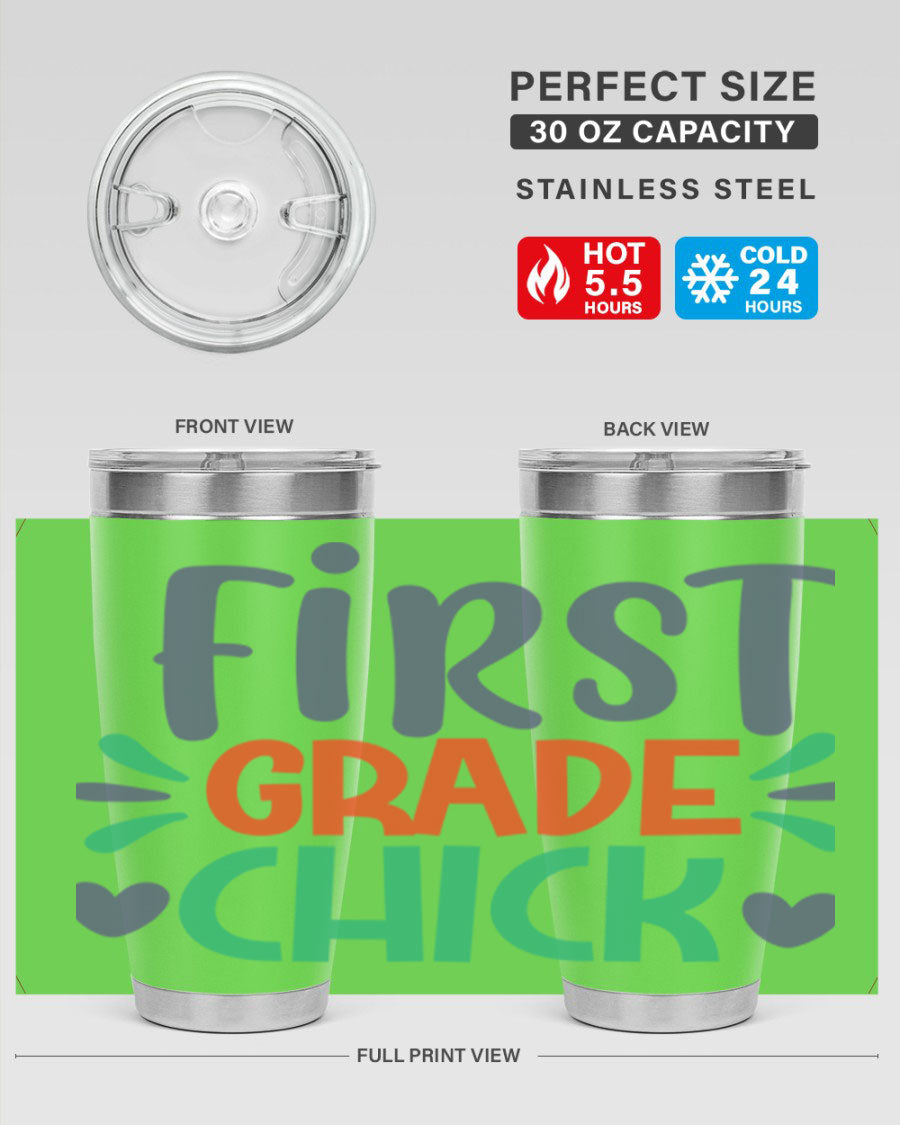 First Grade Divaaaa 20oz Tumbler in stainless steel with vibrant design, showcasing double wall vacuum insulation and drink-thru lid.