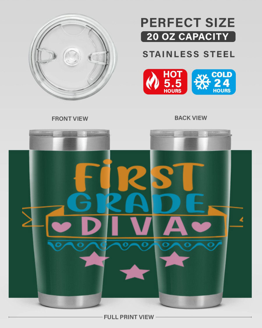 First Grade Diva 20oz Tumbler featuring a stylish design, double wall vacuum stainless steel construction, and a convenient drink-thru lid.