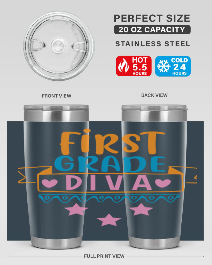 First Grade Diva 20oz Tumbler featuring a stylish design, double wall vacuum stainless steel construction, and a convenient drink-thru lid.