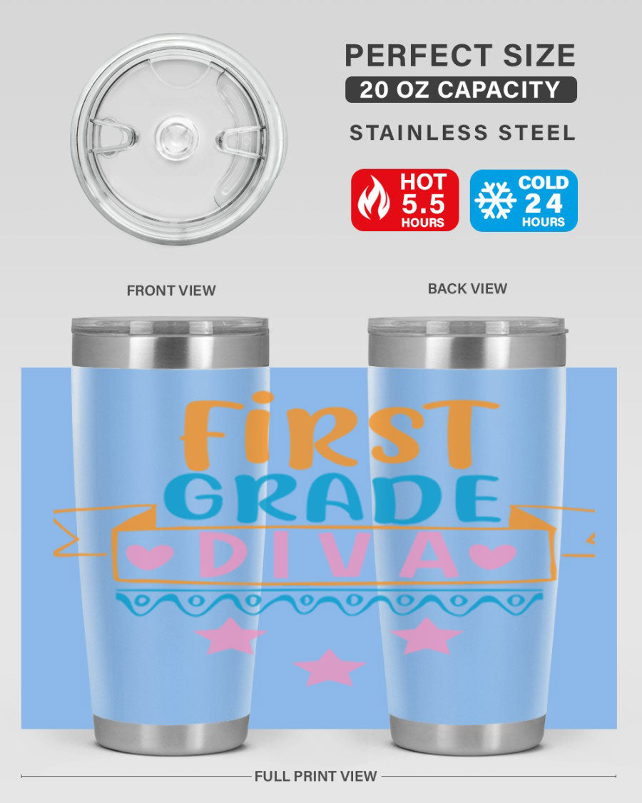 First Grade Diva 20oz Tumbler featuring a stylish design, double wall vacuum stainless steel construction, and a convenient drink-thru lid.