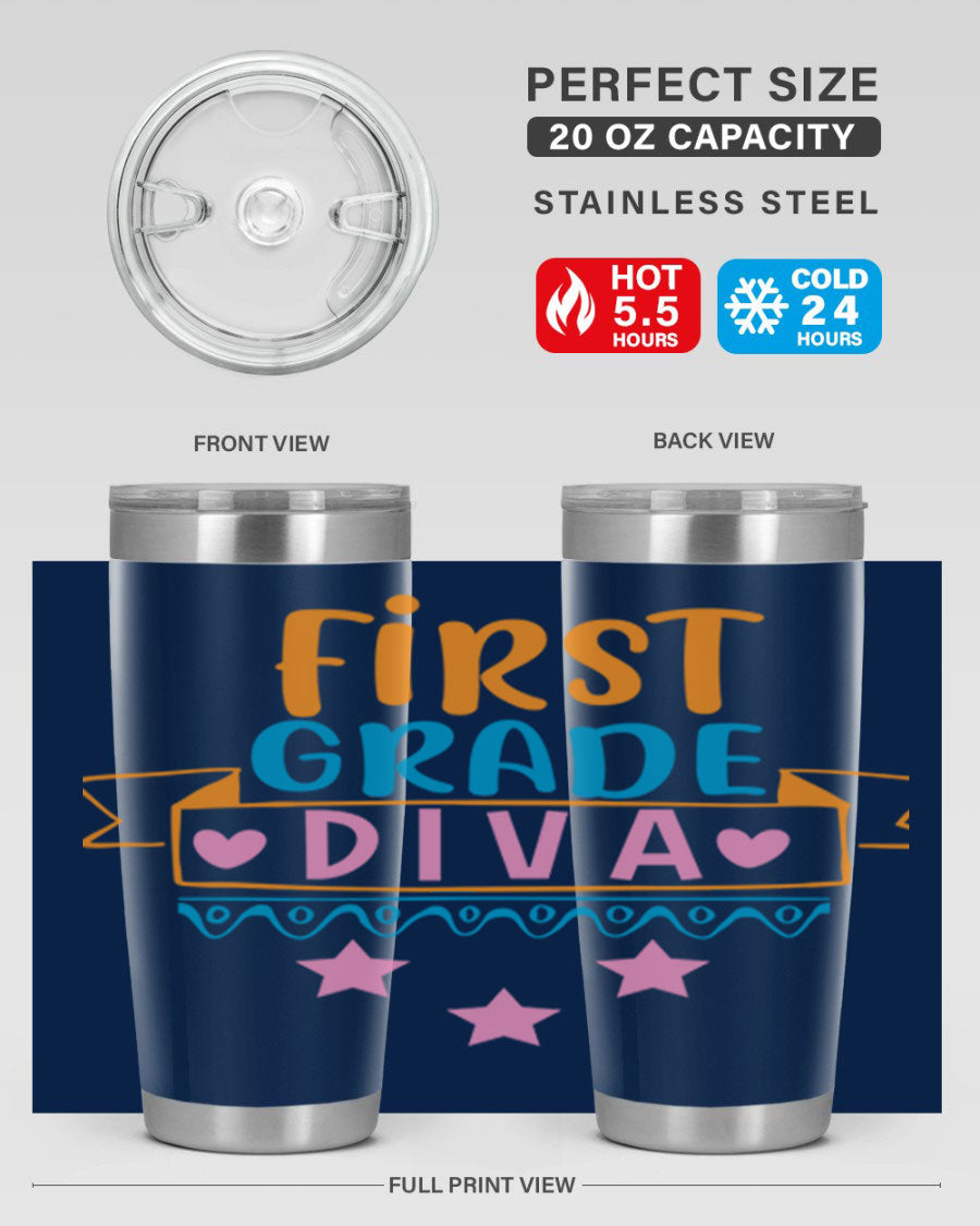 First Grade Diva 20oz Tumbler featuring a stylish design, double wall vacuum stainless steel construction, and a convenient drink-thru lid.