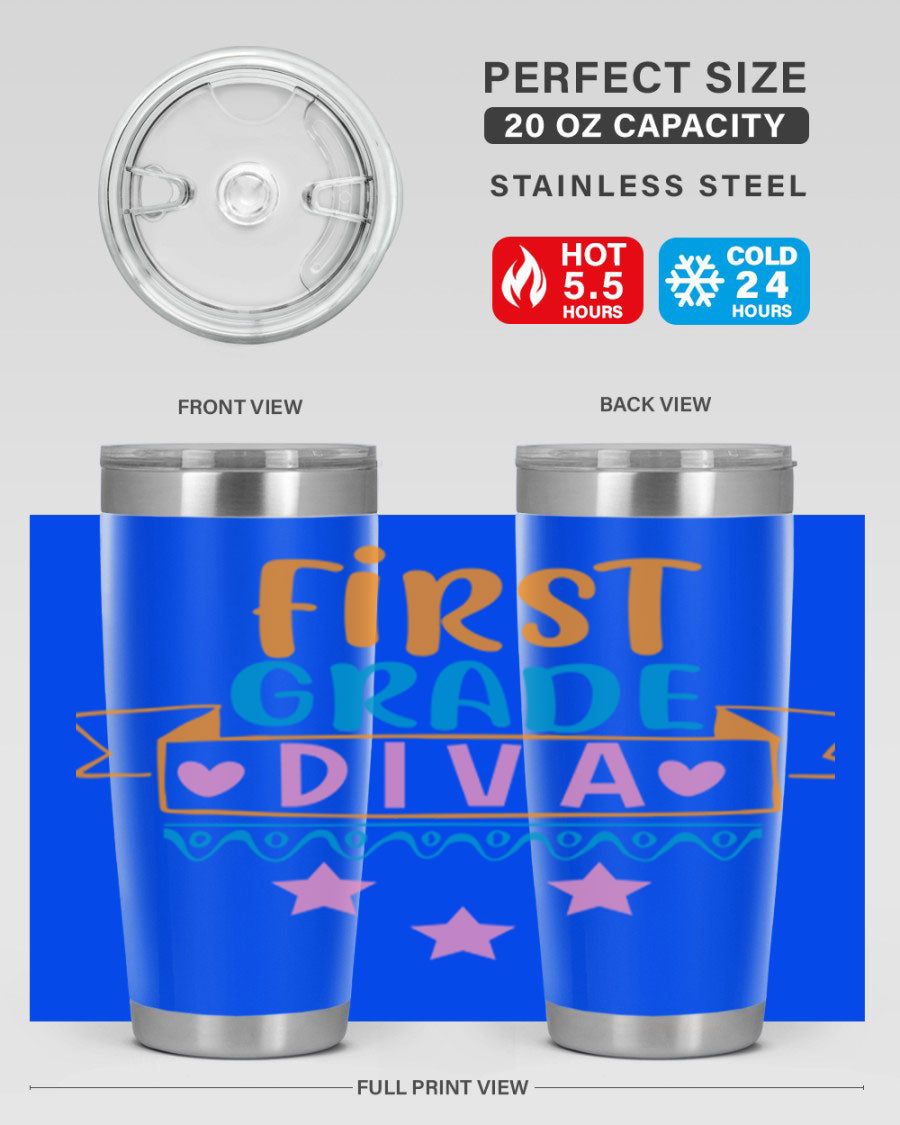 First Grade Diva 20oz Tumbler featuring a stylish design, double wall vacuum stainless steel construction, and a convenient drink-thru lid.