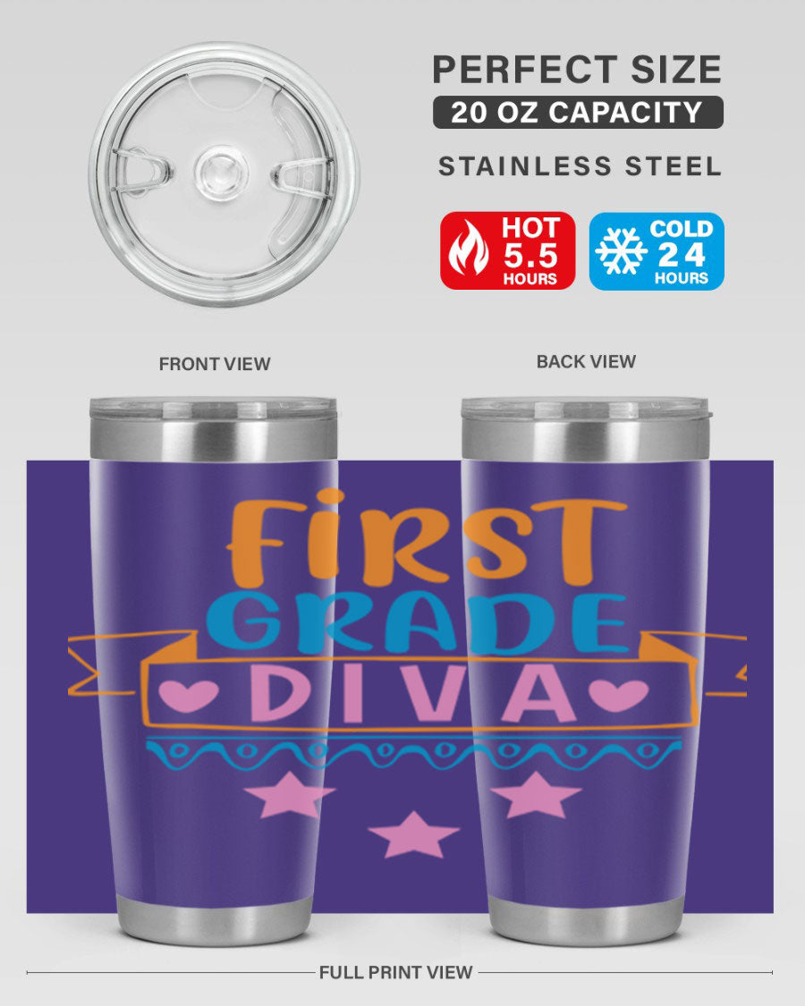 First Grade Diva 20oz Tumbler featuring a stylish design, double wall vacuum stainless steel construction, and a convenient drink-thru lid.