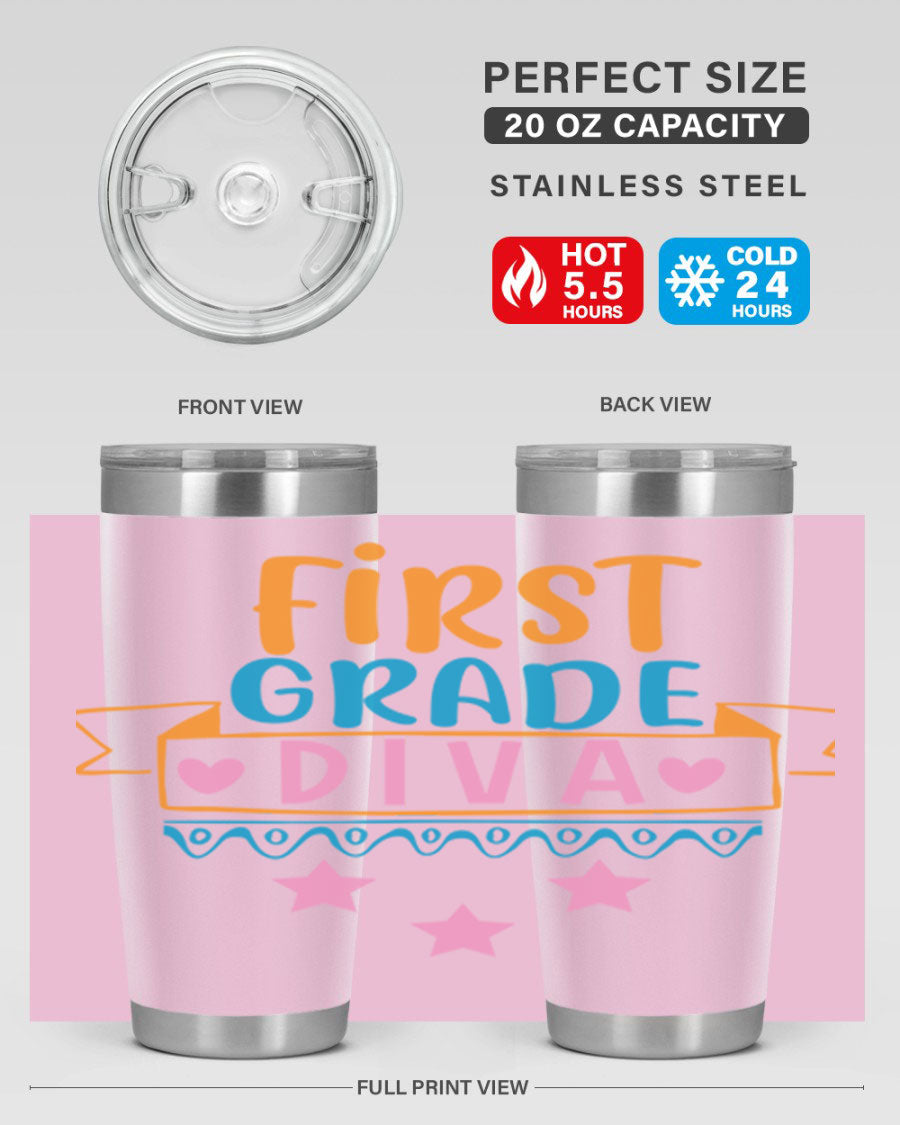 First Grade Diva 20oz Tumbler featuring a stylish design, double wall vacuum stainless steel construction, and a convenient drink-thru lid.