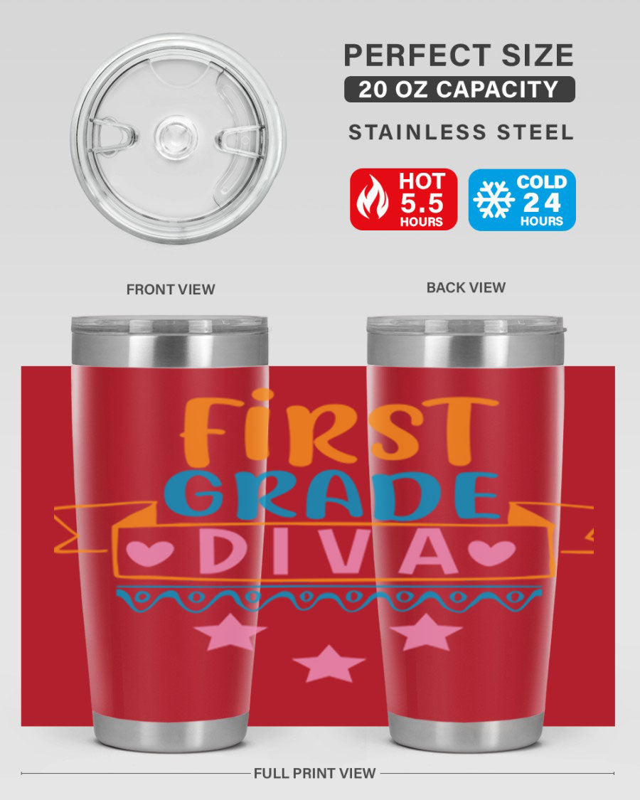 First Grade Diva 20oz Tumbler featuring a stylish design, double wall vacuum stainless steel construction, and a convenient drink-thru lid.