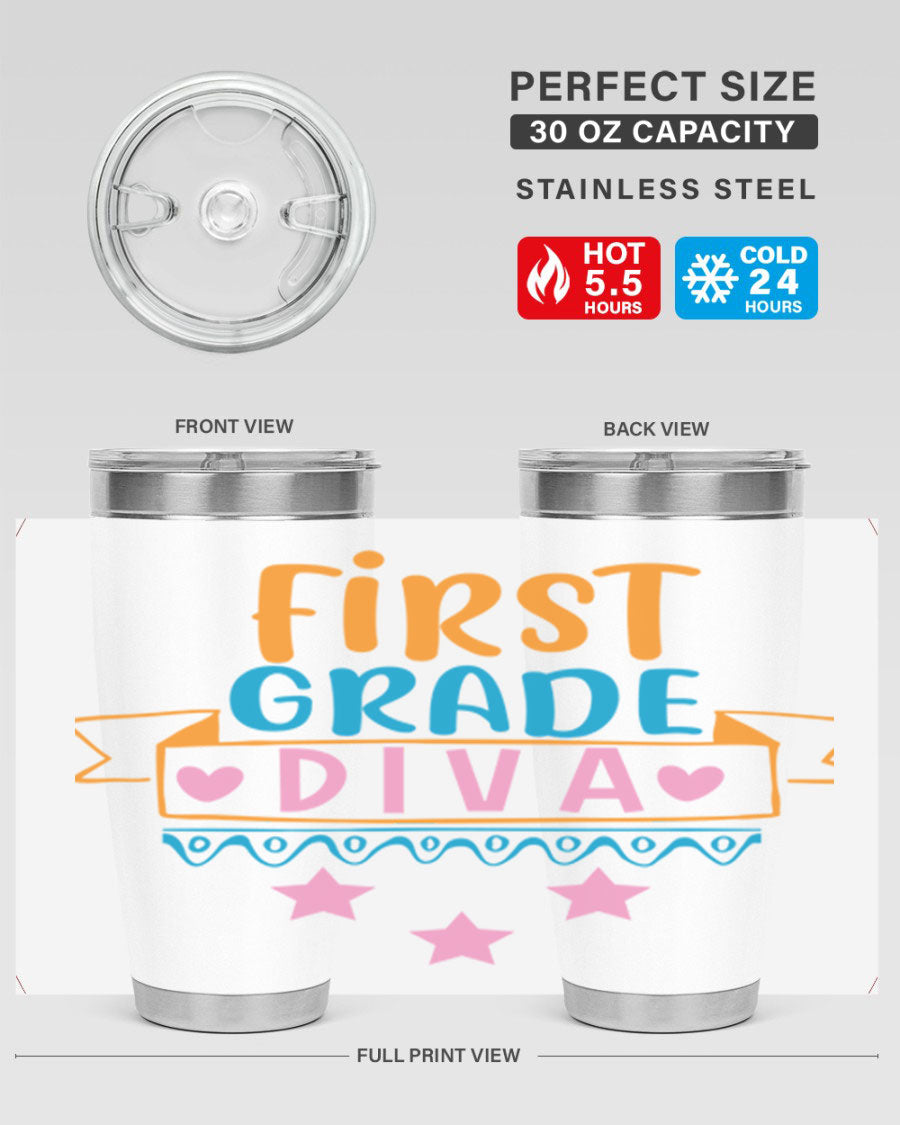 First Grade Diva 20oz Tumbler featuring a stylish design, double wall vacuum stainless steel construction, and a convenient drink-thru lid.
