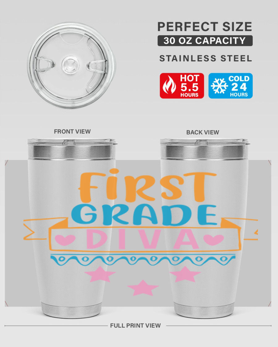 First Grade Diva 20oz Tumbler featuring a stylish design, double wall vacuum stainless steel construction, and a convenient drink-thru lid.
