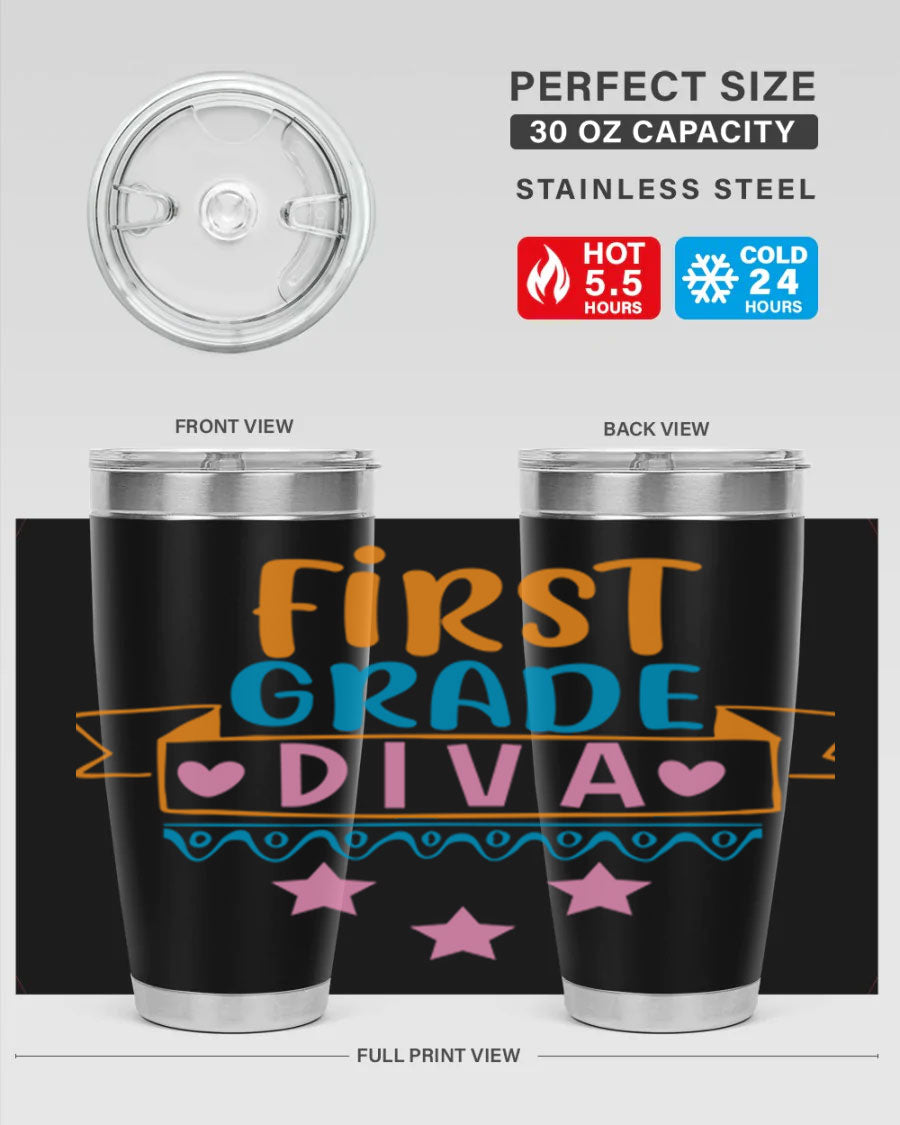 First Grade Diva 20oz Tumbler featuring a stylish design, double wall vacuum stainless steel construction, and a convenient drink-thru lid.