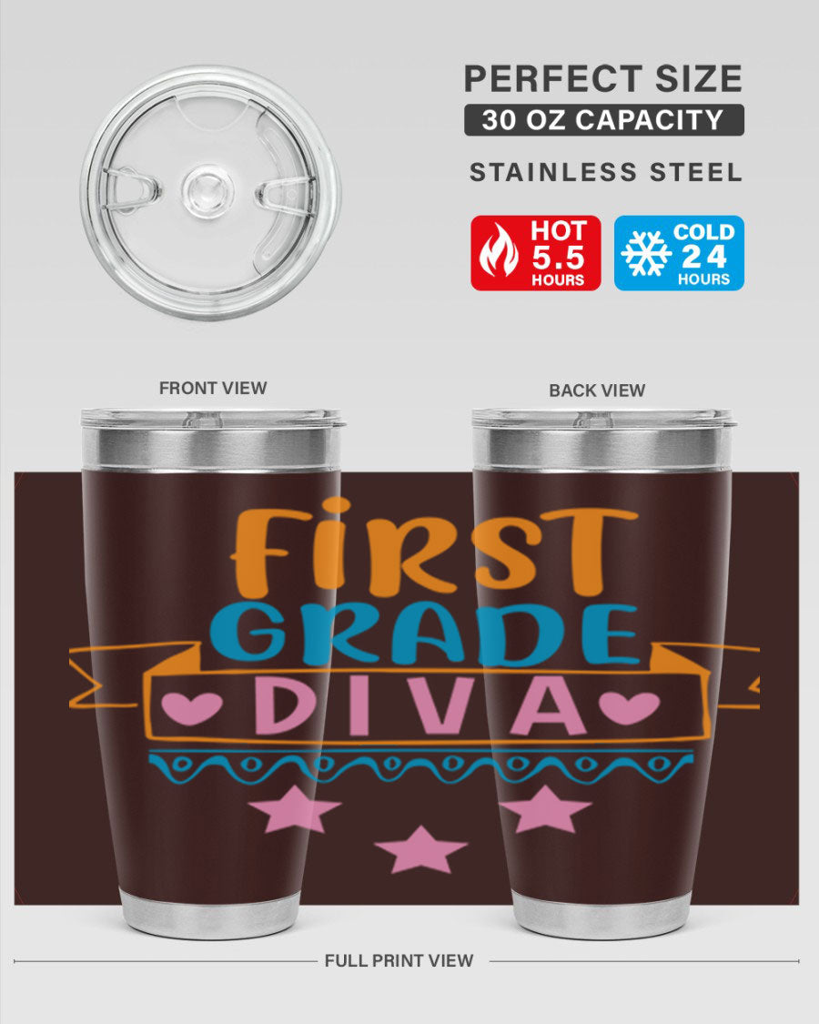 First Grade Diva 20oz Tumbler featuring a stylish design, double wall vacuum stainless steel construction, and a convenient drink-thru lid.