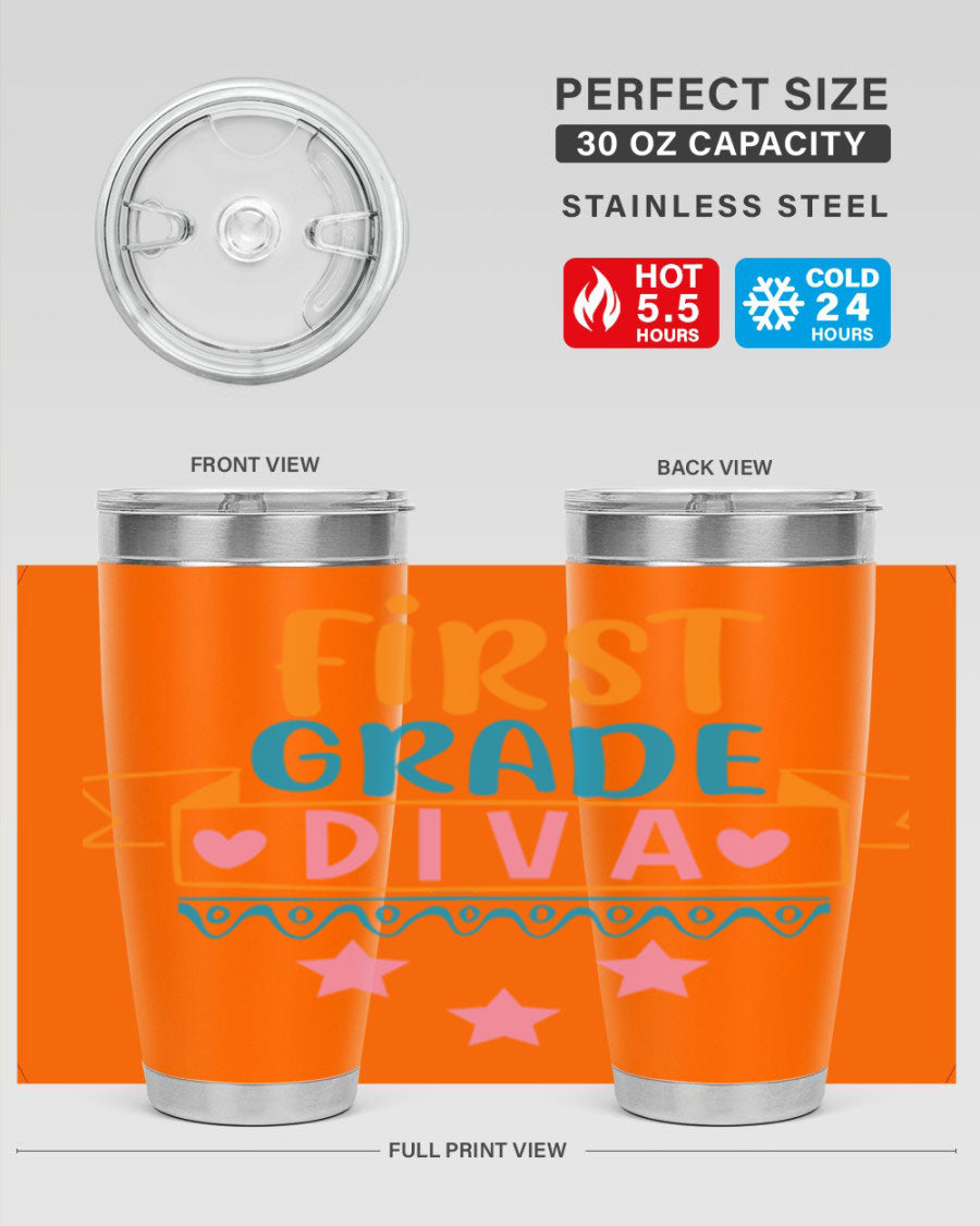 First Grade Diva 20oz Tumbler featuring a stylish design, double wall vacuum stainless steel construction, and a convenient drink-thru lid.