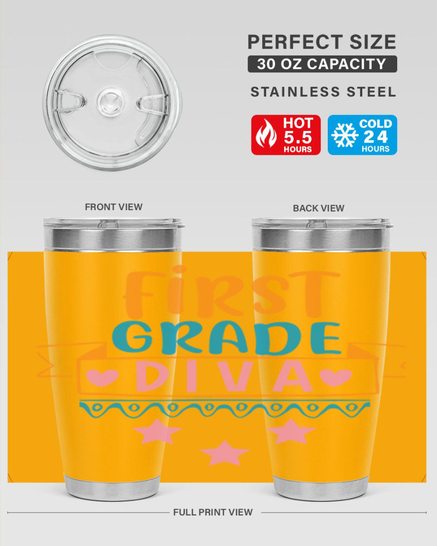 First Grade Diva 20oz Tumbler featuring a stylish design, double wall vacuum stainless steel construction, and a convenient drink-thru lid.