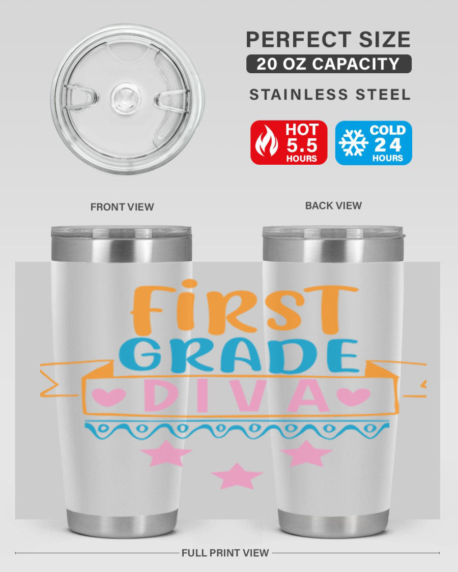 First Grade Diva 20oz Tumbler featuring a stylish design, double wall vacuum stainless steel construction, and a convenient drink-thru lid.