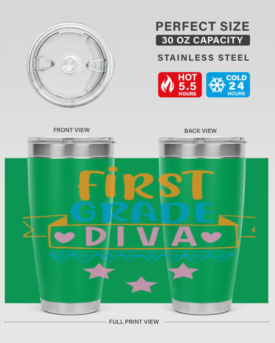 First Grade Diva 20oz Tumbler featuring a stylish design, double wall vacuum stainless steel construction, and a convenient drink-thru lid.