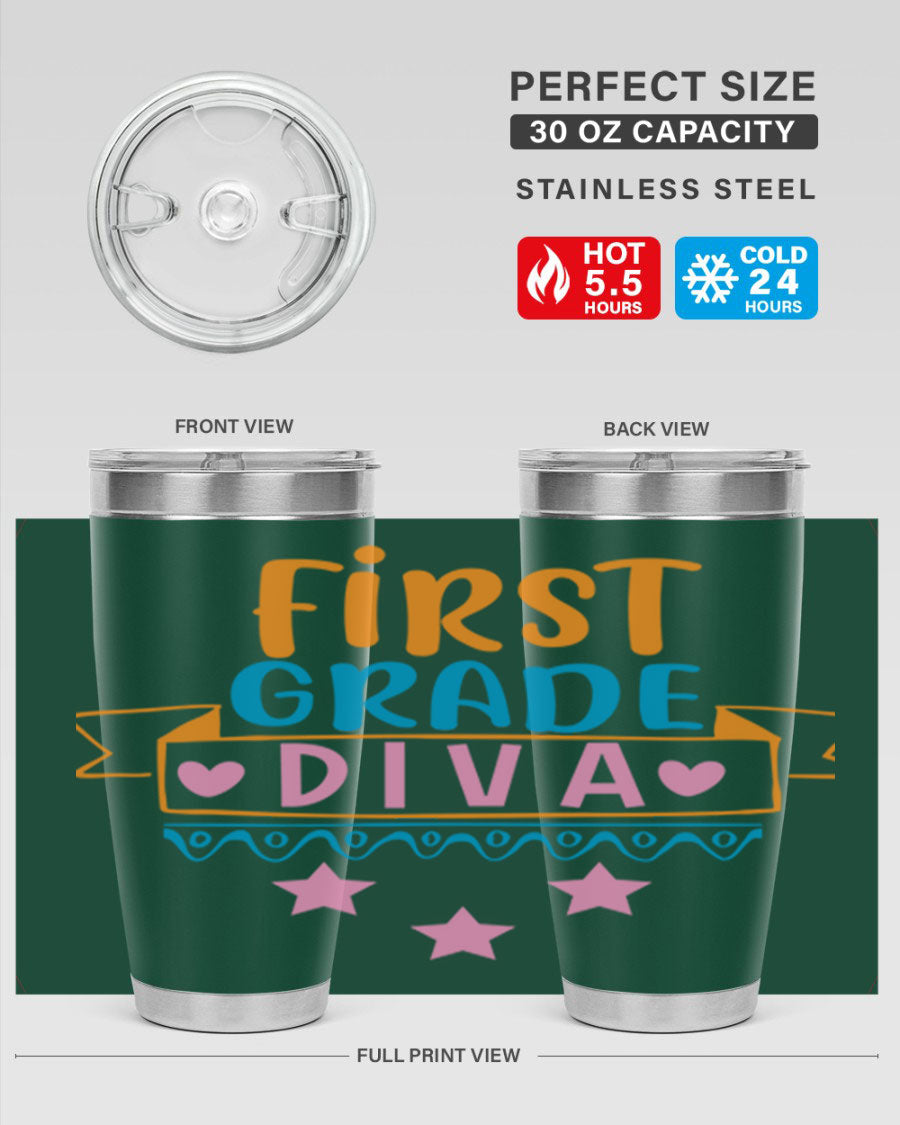 First Grade Diva 20oz Tumbler featuring a stylish design, double wall vacuum stainless steel construction, and a convenient drink-thru lid.