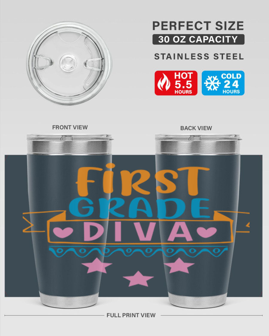 First Grade Diva 20oz Tumbler featuring a stylish design, double wall vacuum stainless steel construction, and a convenient drink-thru lid.