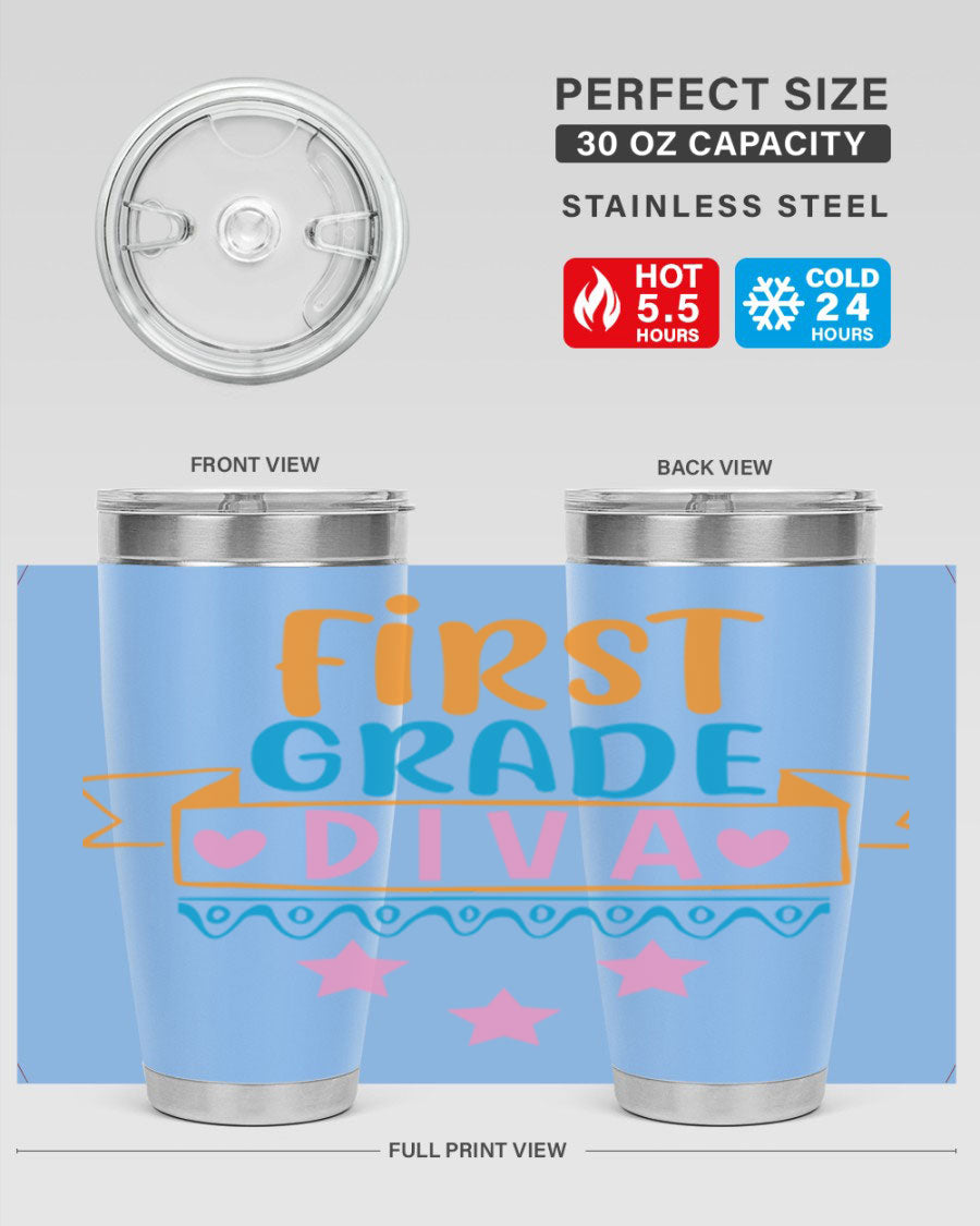 First Grade Diva 20oz Tumbler featuring a stylish design, double wall vacuum stainless steel construction, and a convenient drink-thru lid.