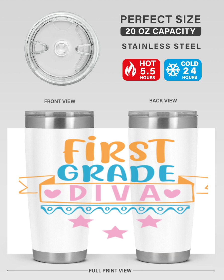 First Grade Diva 20oz Tumbler featuring a stylish design, double wall vacuum stainless steel construction, and a convenient drink-thru lid.