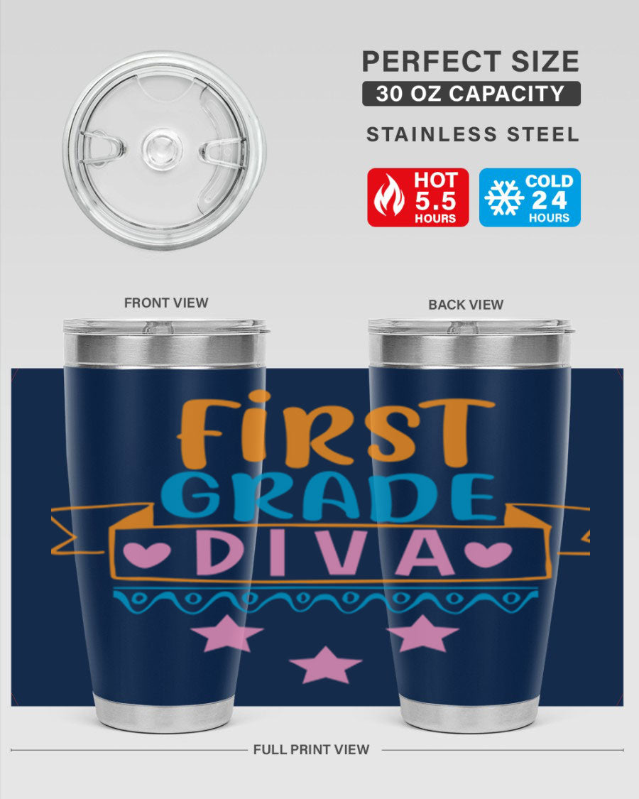 First Grade Diva 20oz Tumbler featuring a stylish design, double wall vacuum stainless steel construction, and a convenient drink-thru lid.