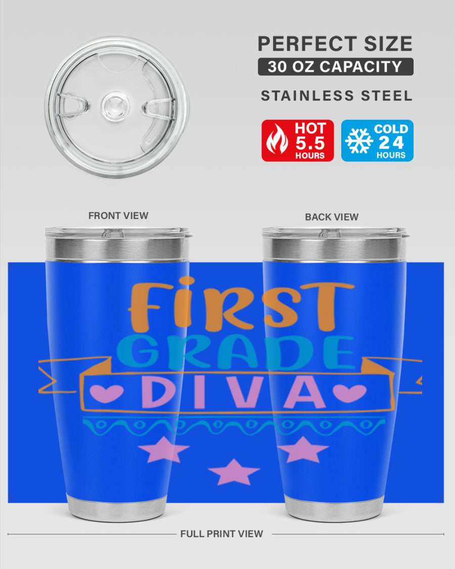 First Grade Diva 20oz Tumbler featuring a stylish design, double wall vacuum stainless steel construction, and a convenient drink-thru lid.