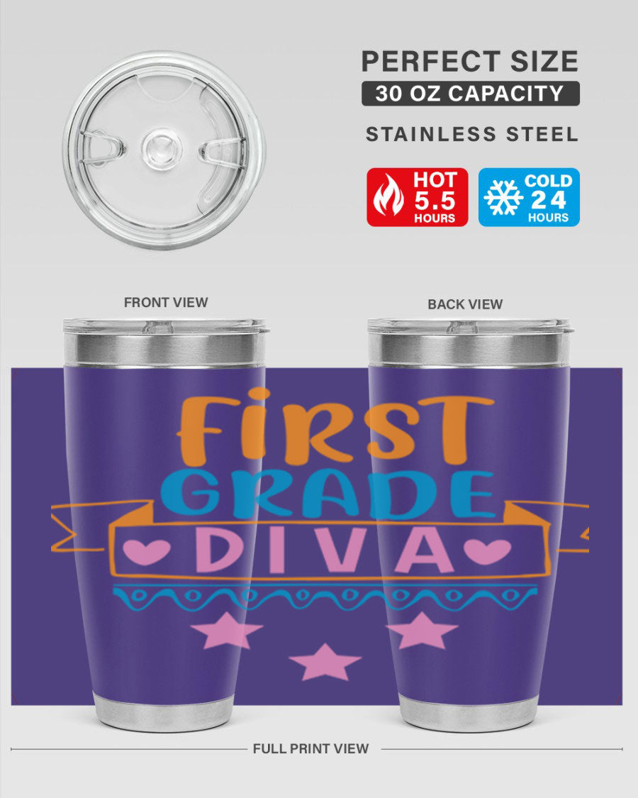 First Grade Diva 20oz Tumbler featuring a stylish design, double wall vacuum stainless steel construction, and a convenient drink-thru lid.