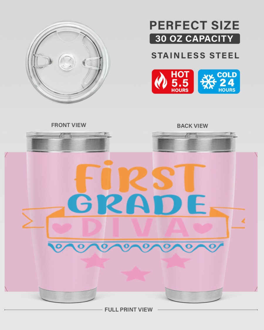 First Grade Diva 20oz Tumbler featuring a stylish design, double wall vacuum stainless steel construction, and a convenient drink-thru lid.