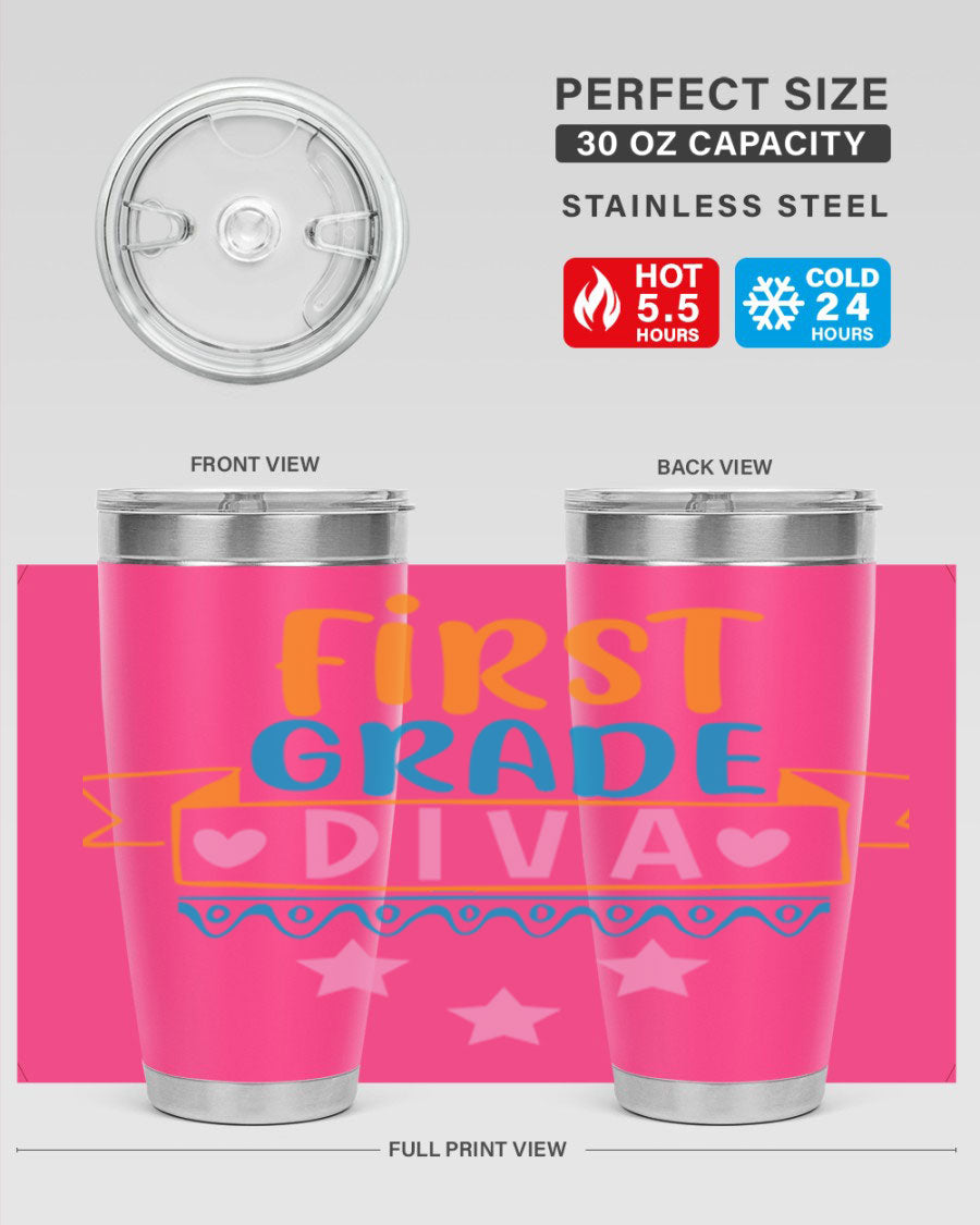 First Grade Diva 20oz Tumbler featuring a stylish design, double wall vacuum stainless steel construction, and a convenient drink-thru lid.