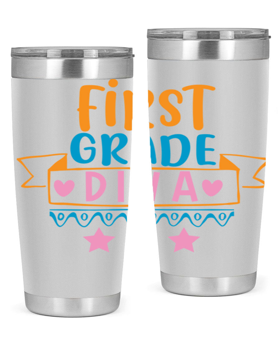 First Grade Diva 20oz Tumbler featuring a stylish design, double wall vacuum stainless steel construction, and a convenient drink-thru lid.