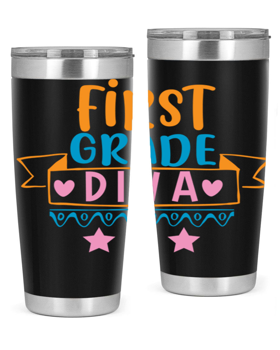 First Grade Diva 20oz Tumbler featuring a stylish design, double wall vacuum stainless steel construction, and a convenient drink-thru lid.