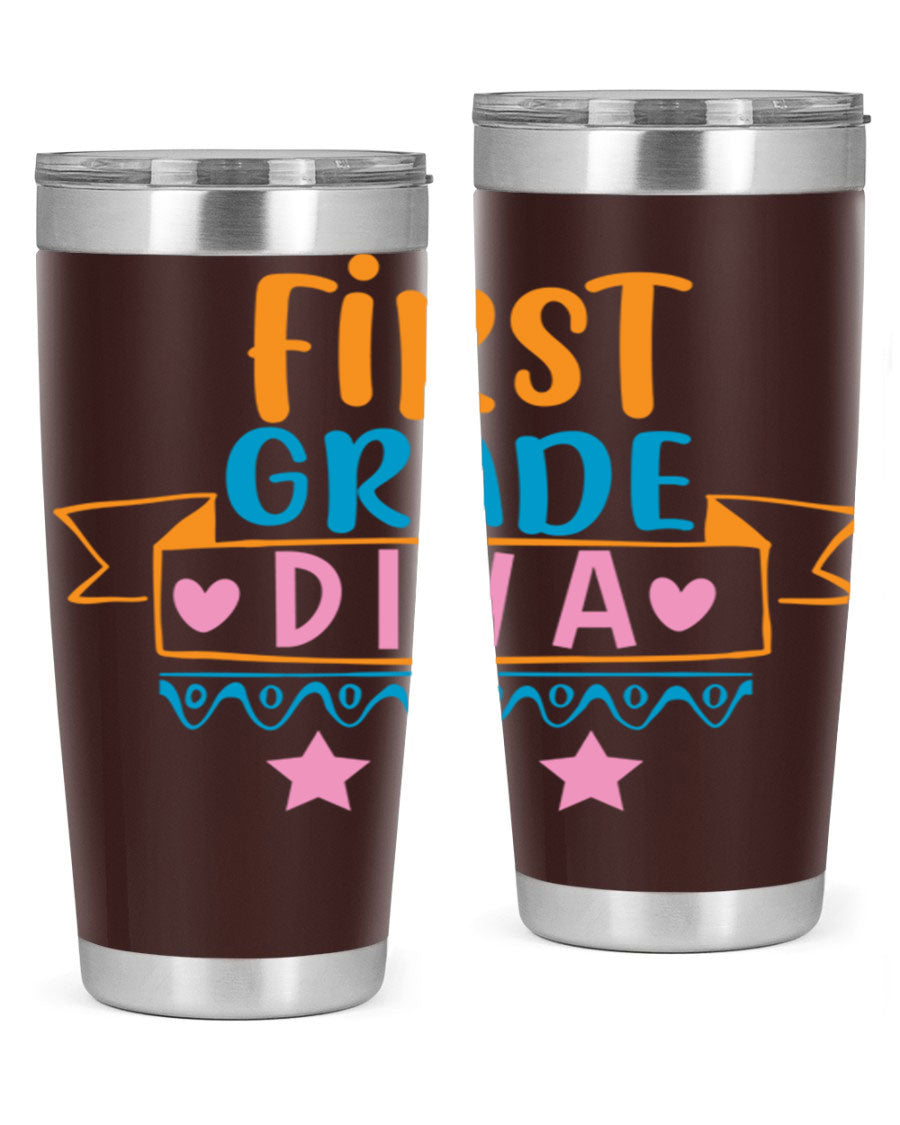 First Grade Diva 20oz Tumbler featuring a stylish design, double wall vacuum stainless steel construction, and a convenient drink-thru lid.