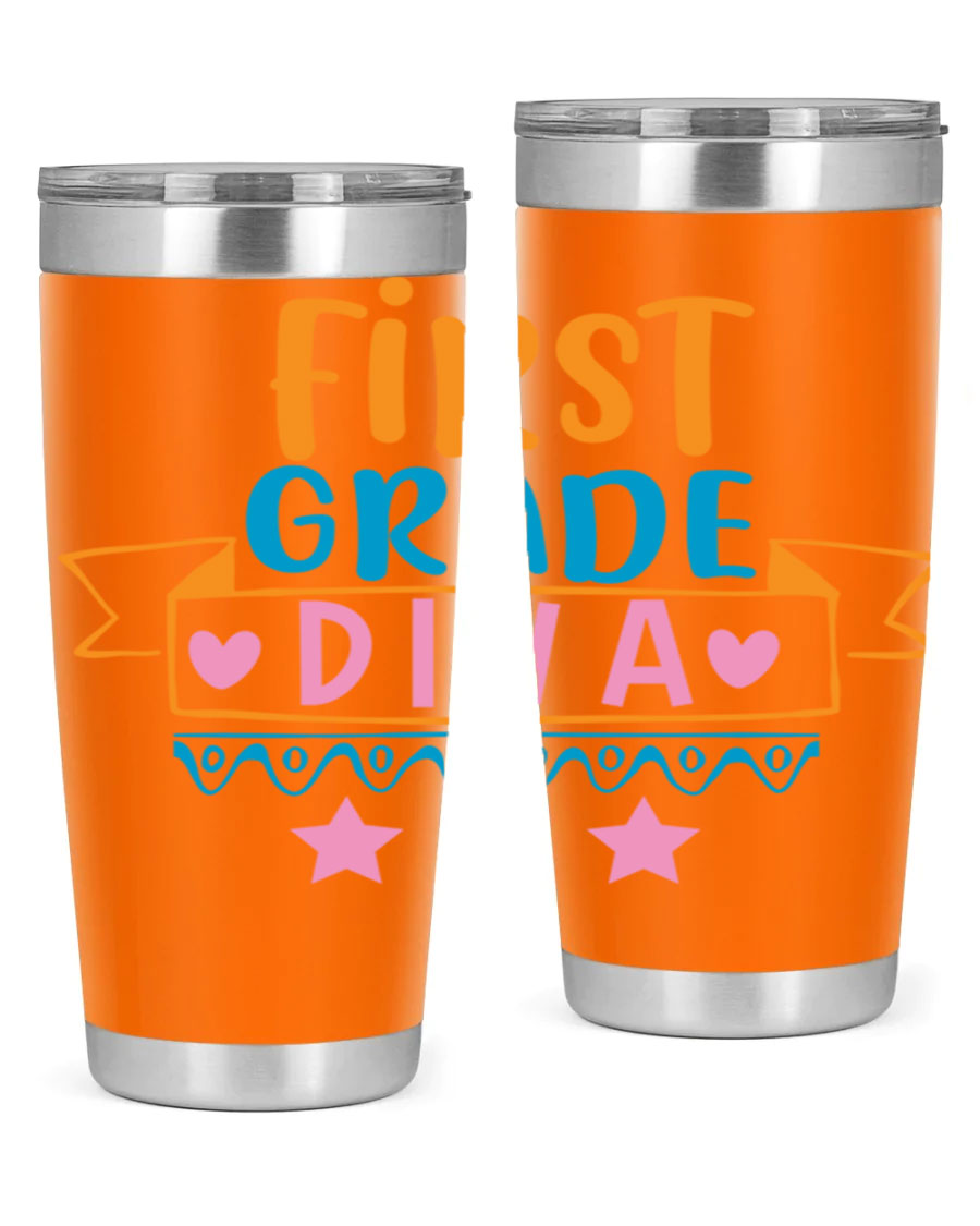 First Grade Diva 20oz Tumbler featuring a stylish design, double wall vacuum stainless steel construction, and a convenient drink-thru lid.
