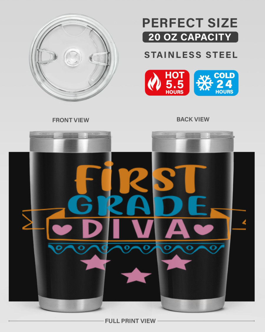 First Grade Diva 20oz Tumbler featuring a stylish design, double wall vacuum stainless steel construction, and a convenient drink-thru lid.