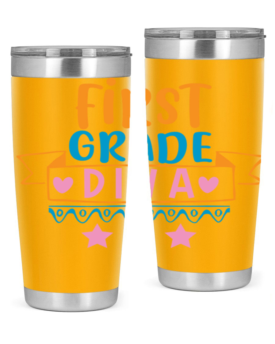 First Grade Diva 20oz Tumbler featuring a stylish design, double wall vacuum stainless steel construction, and a convenient drink-thru lid.