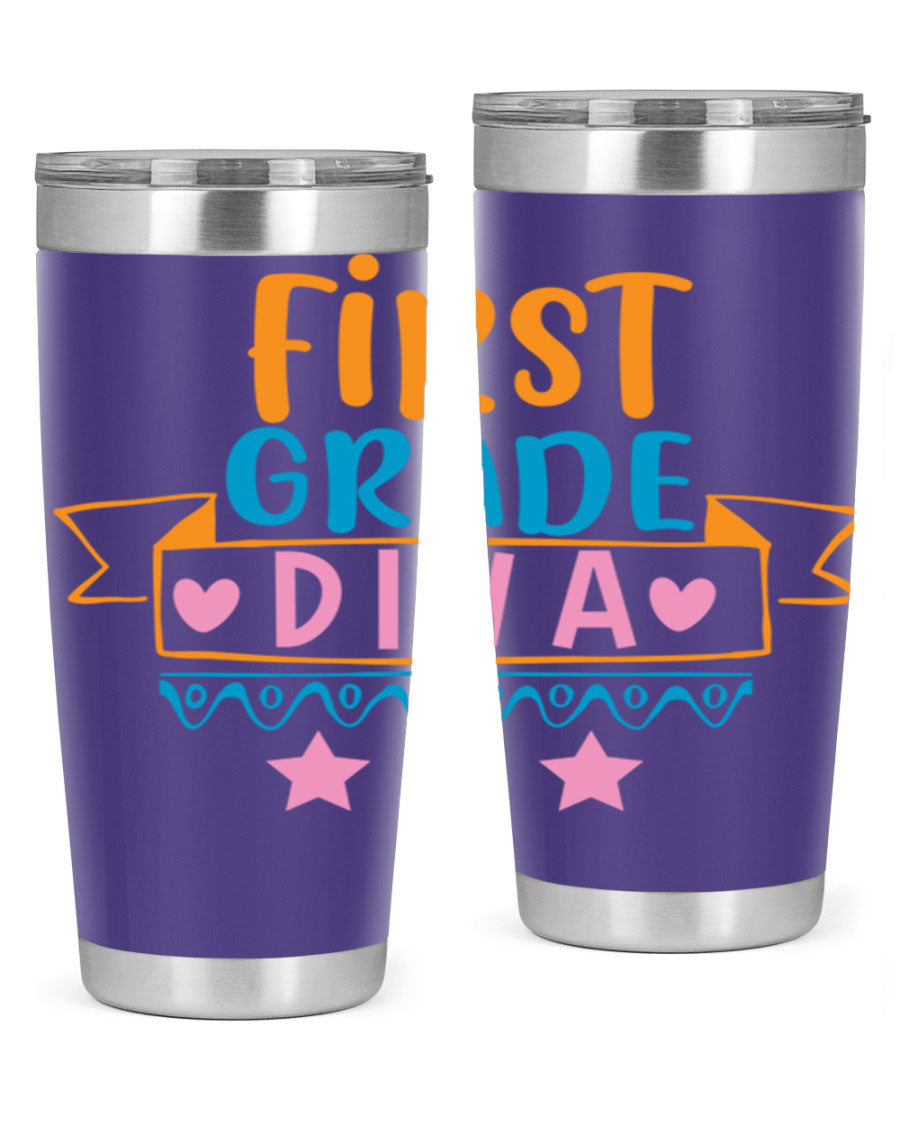 First Grade Diva 20oz Tumbler featuring a stylish design, double wall vacuum stainless steel construction, and a convenient drink-thru lid.