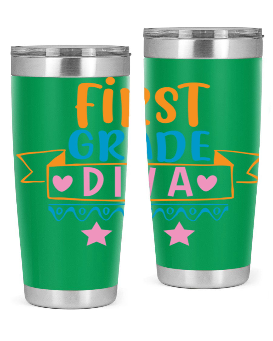 First Grade Diva 20oz Tumbler featuring a stylish design, double wall vacuum stainless steel construction, and a convenient drink-thru lid.