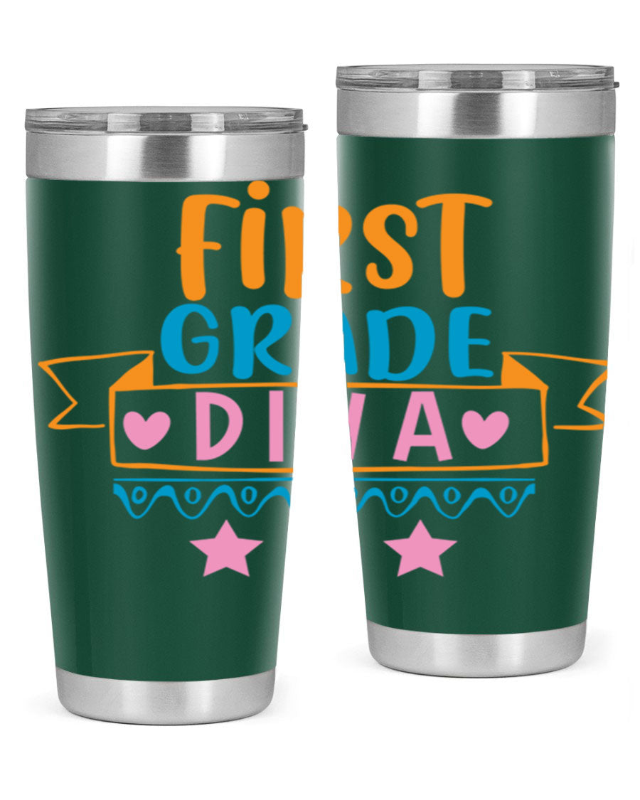 First Grade Diva 20oz Tumbler featuring a stylish design, double wall vacuum stainless steel construction, and a convenient drink-thru lid.