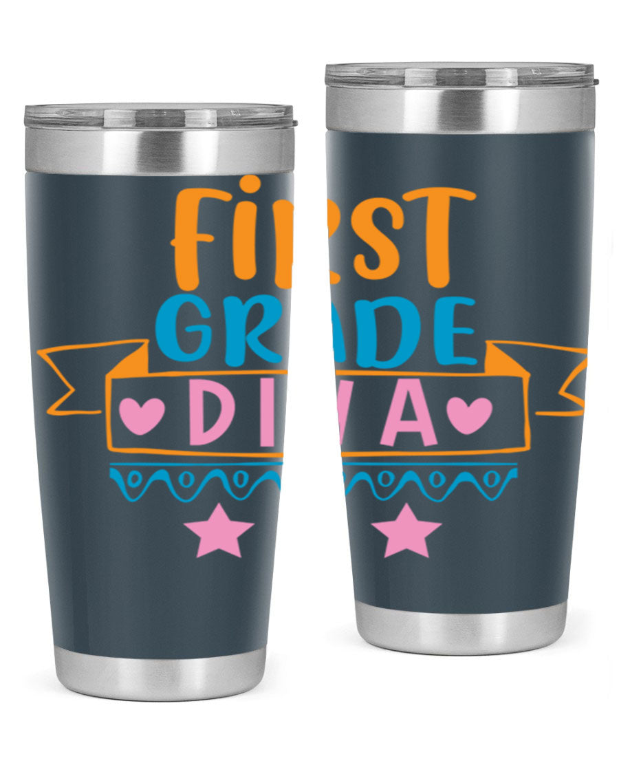 First Grade Diva 20oz Tumbler featuring a stylish design, double wall vacuum stainless steel construction, and a convenient drink-thru lid.