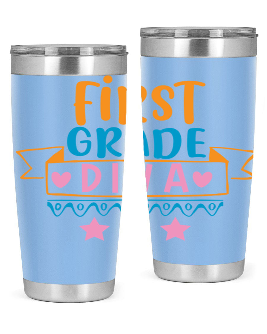 First Grade Diva 20oz Tumbler featuring a stylish design, double wall vacuum stainless steel construction, and a convenient drink-thru lid.