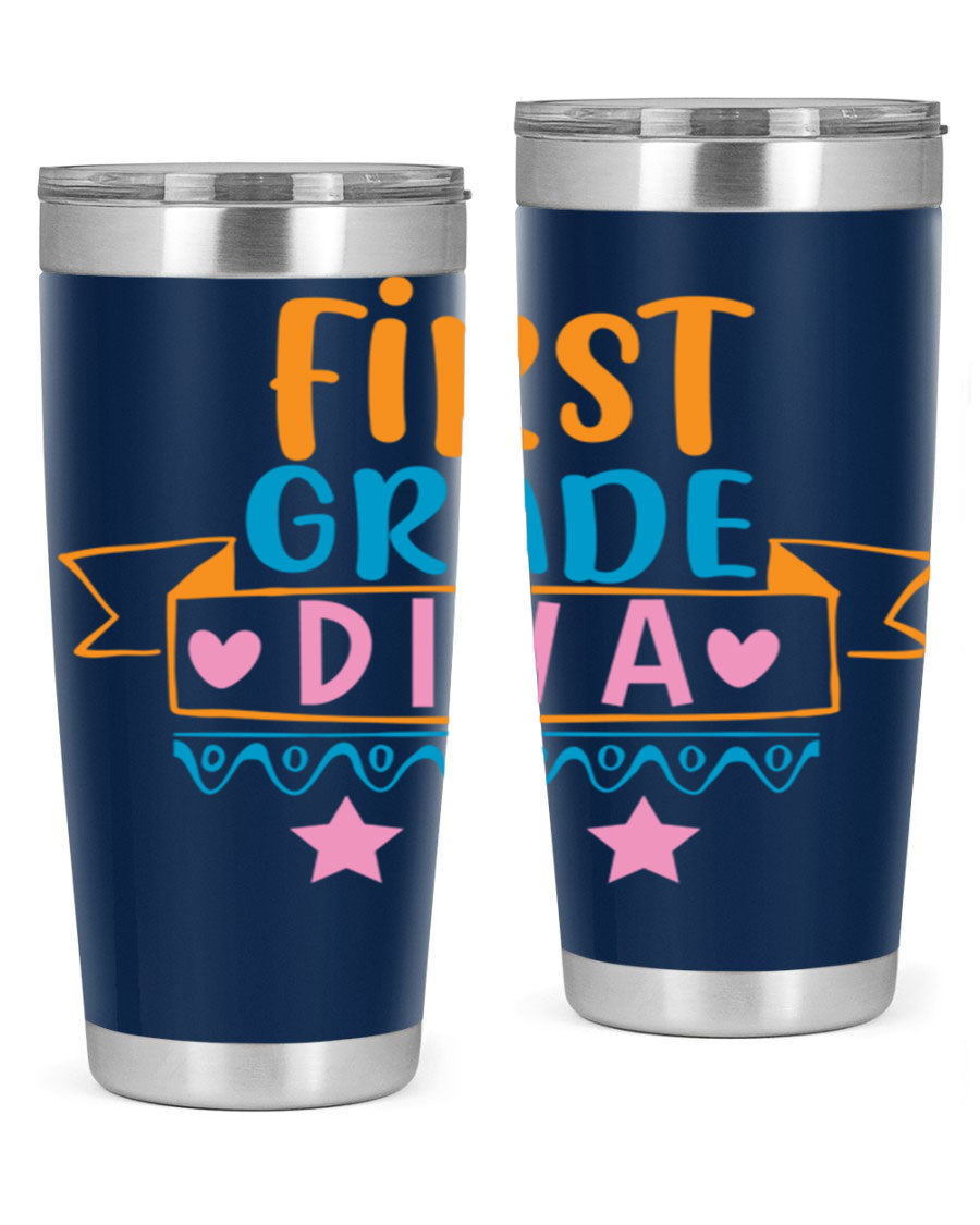 First Grade Diva 20oz Tumbler featuring a stylish design, double wall vacuum stainless steel construction, and a convenient drink-thru lid.