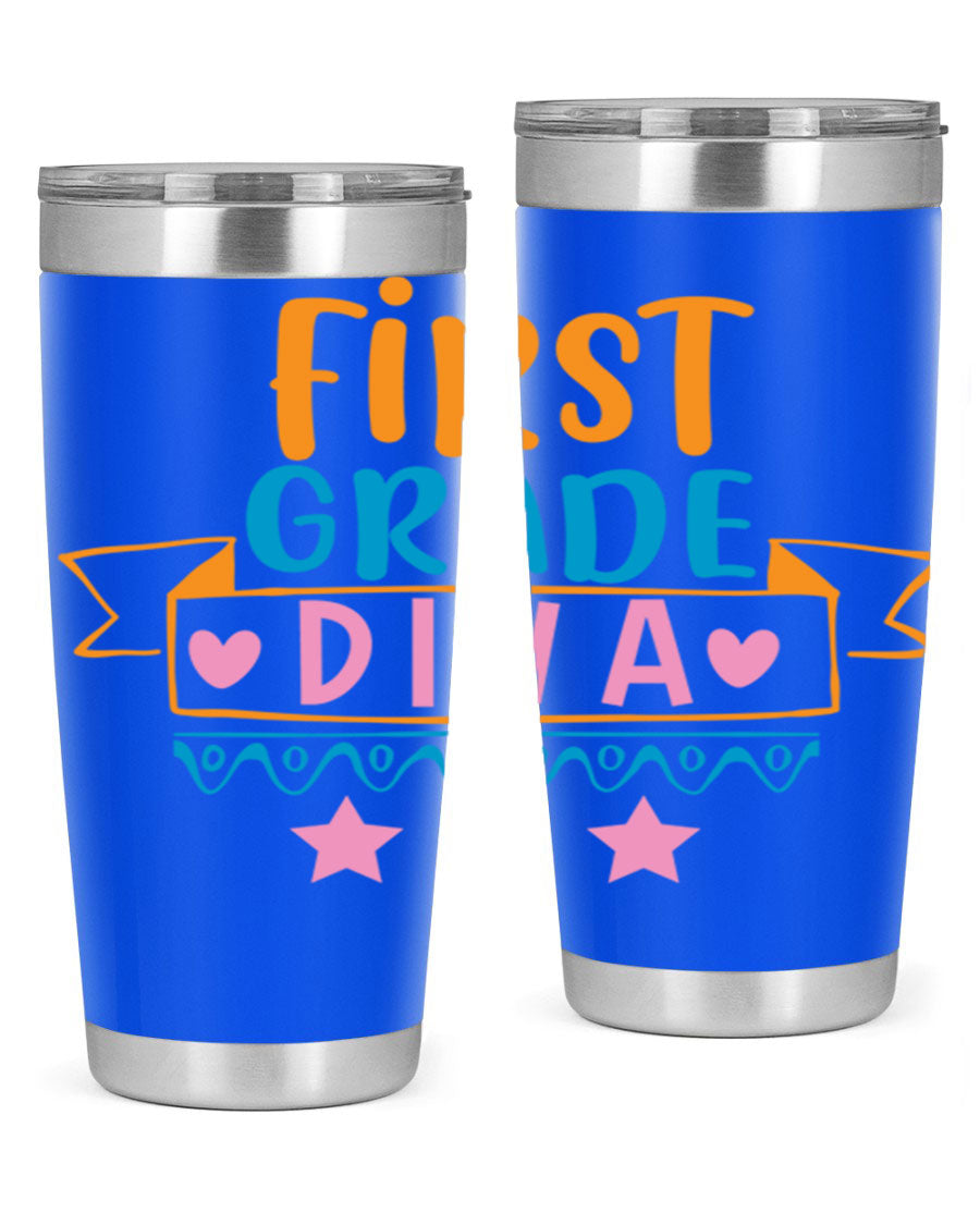 First Grade Diva 20oz Tumbler featuring a stylish design, double wall vacuum stainless steel construction, and a convenient drink-thru lid.