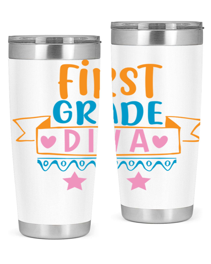 First Grade Diva 20oz Tumbler featuring a stylish design, double wall vacuum stainless steel construction, and a convenient drink-thru lid.
