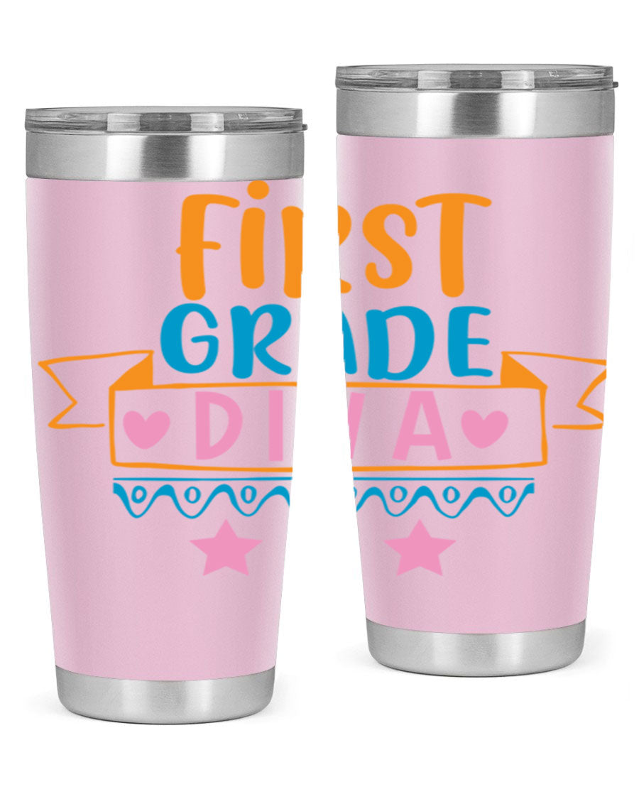 First Grade Diva 20oz Tumbler featuring a stylish design, double wall vacuum stainless steel construction, and a convenient drink-thru lid.